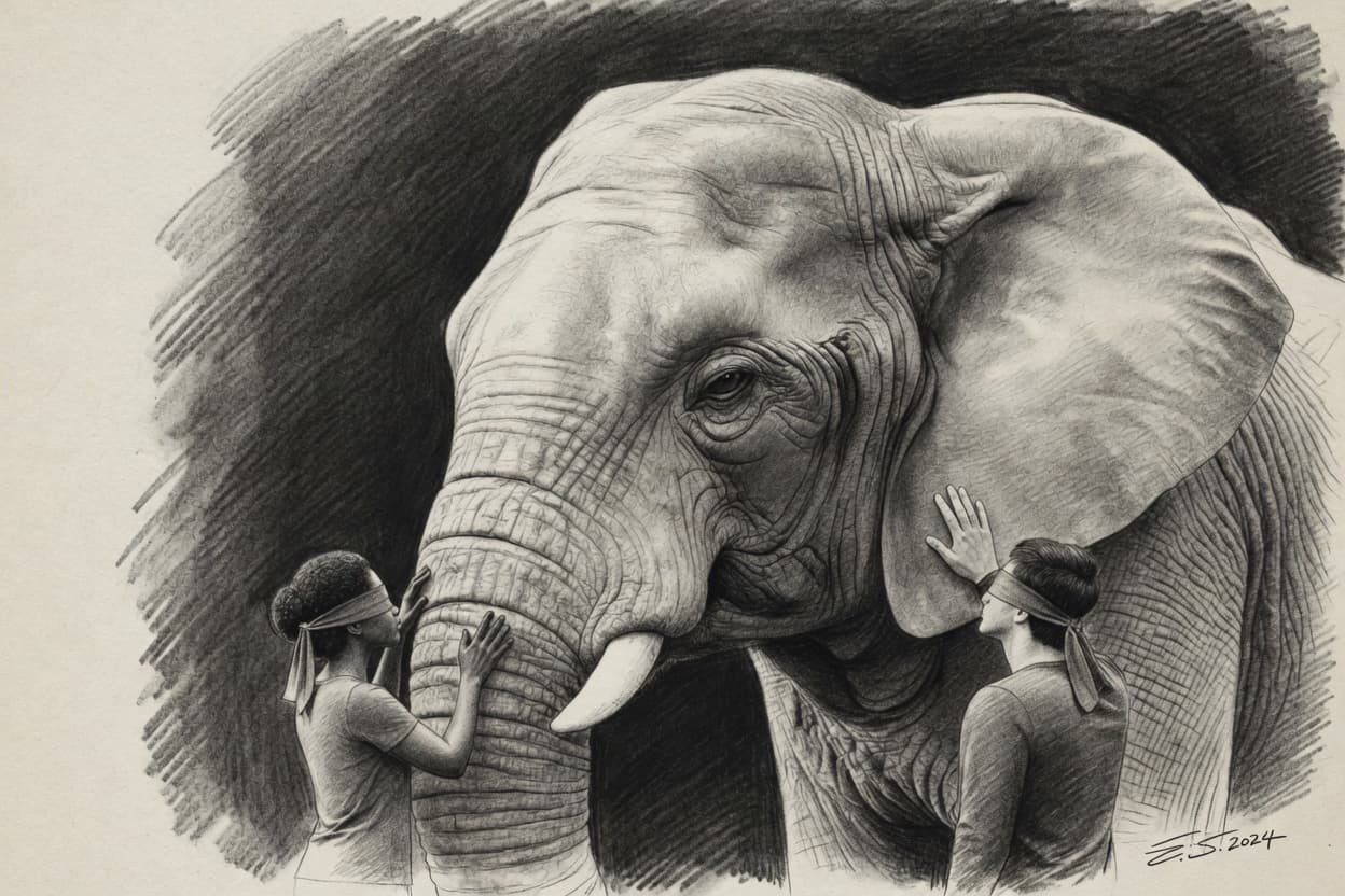 Pencil drawing of two researchers touching an elephant — parable of multiple perspectives